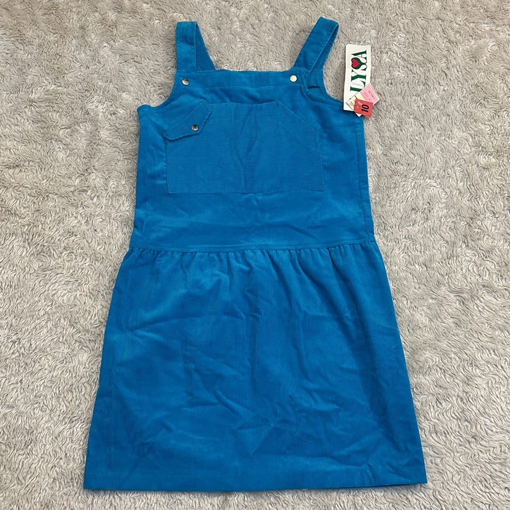Vintage Deadstock Kids Blue Corduroy Overalls Mini Dress Pocket